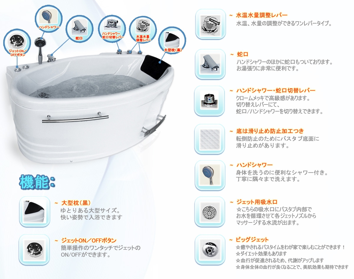 大阪買い5年保証付き！ジャグジー浴槽 140-FT(BT) 140x140x64h BLUETOOTH・電気代節約家庭バス・エステやスパに最適・ハンドシャワー 家庭用プール